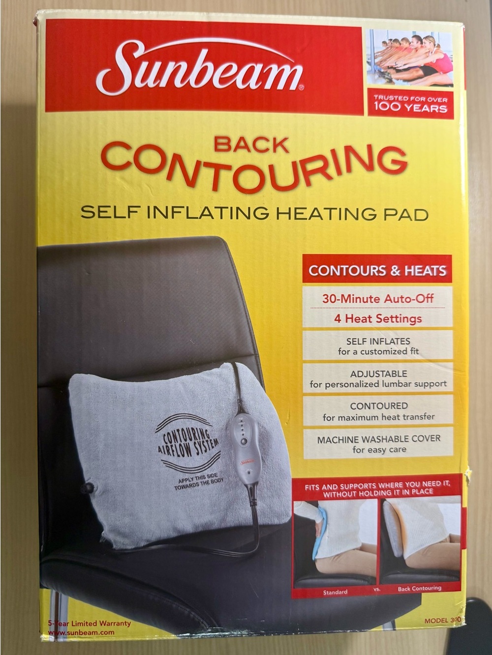 Sunbeam Contouring Heating Back Pad Adjustable, Self-Inflates, New In Box Gray